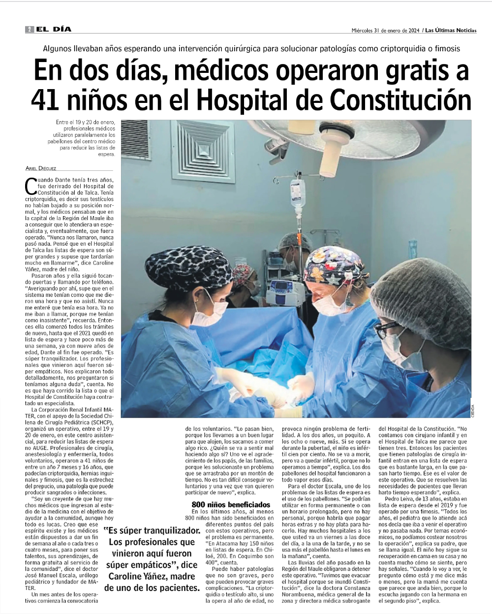 Operativo quirúrgico realizado en Hospital de Constitución es destacado por el diario Las Últimas Noticias